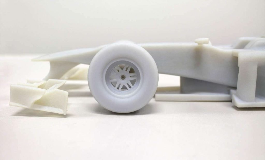 A close-up of the scale model of the F1 car showing fine detail of the 3D model