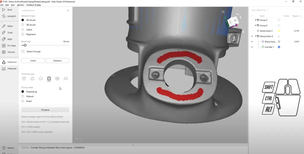 Creating a plane for the left side attachment in Artec Studio c- create geometry