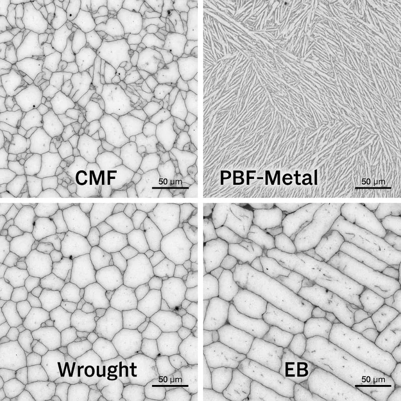 Micrographs sintering creates a lot of strong cross-section - CMF vs DMLS Electron Beam vs wrought metal structure