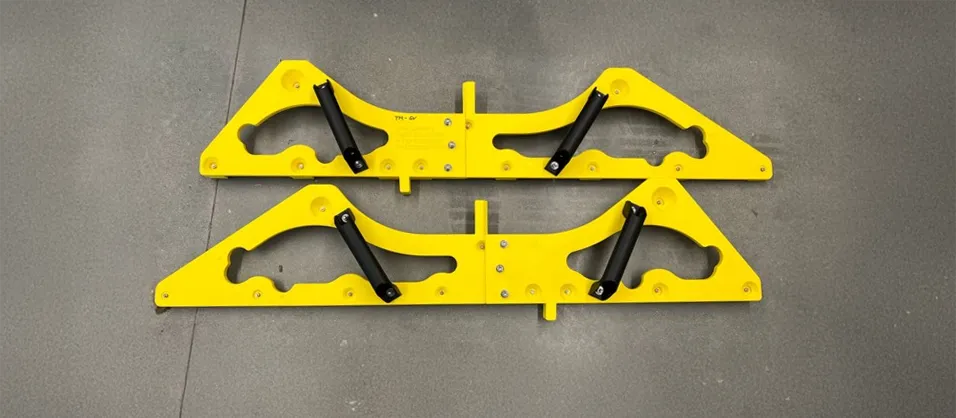 The positioning fixtures were printed with high-visibility yellow ASA material. The handles are standard off-the-shelf stock